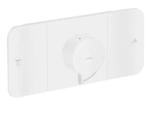Thermostatmodul von AXOR in mattem Weiß, geeignet für die Steuerung von zwei Verbrauchern, mit zentralem Bedienknopf und Symbole für verschiedene Anwendungen.